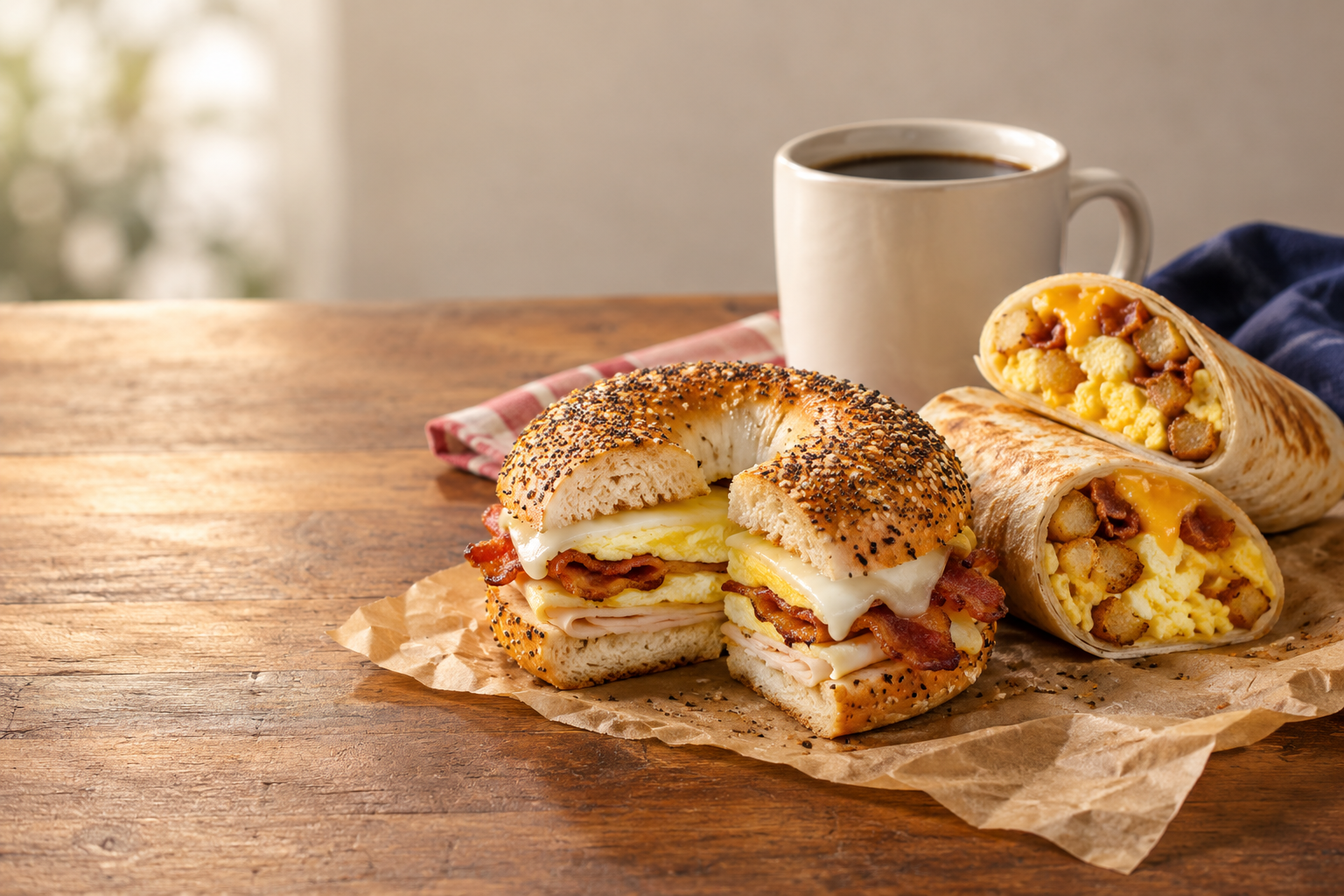 Egg, bacon and turkey bagel sandwich beside breakfast burrito halves and a cup of coffee.