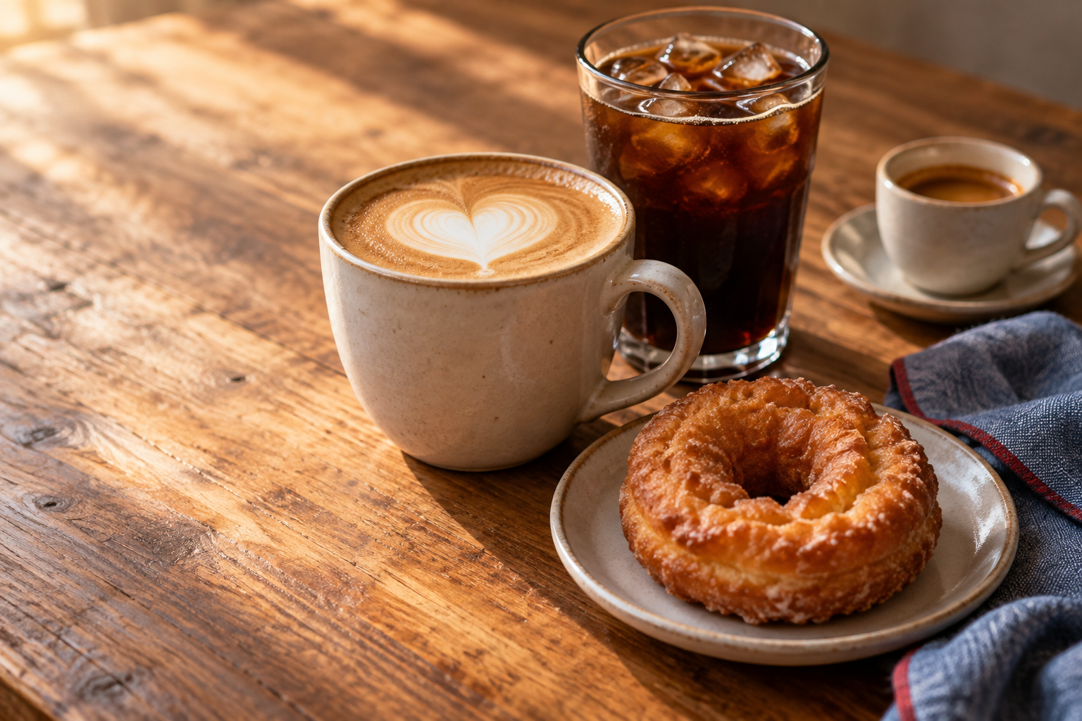 Latte, iced black coffee and espresso beside an old-fashioned doughnut.