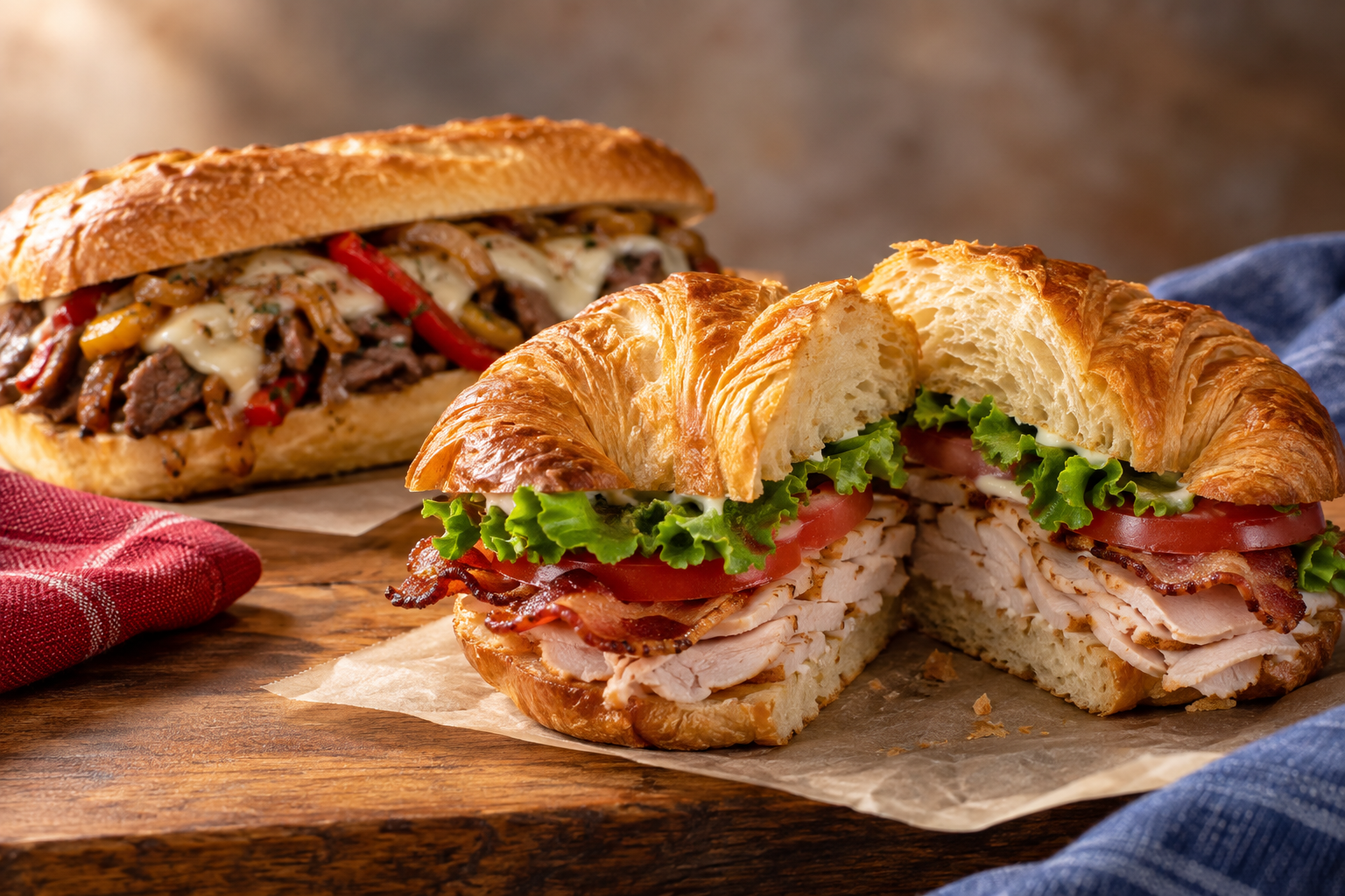 Turkey and bacon croissant sandwich with lettuce and tomato, with a ribeye hoagie behind it.