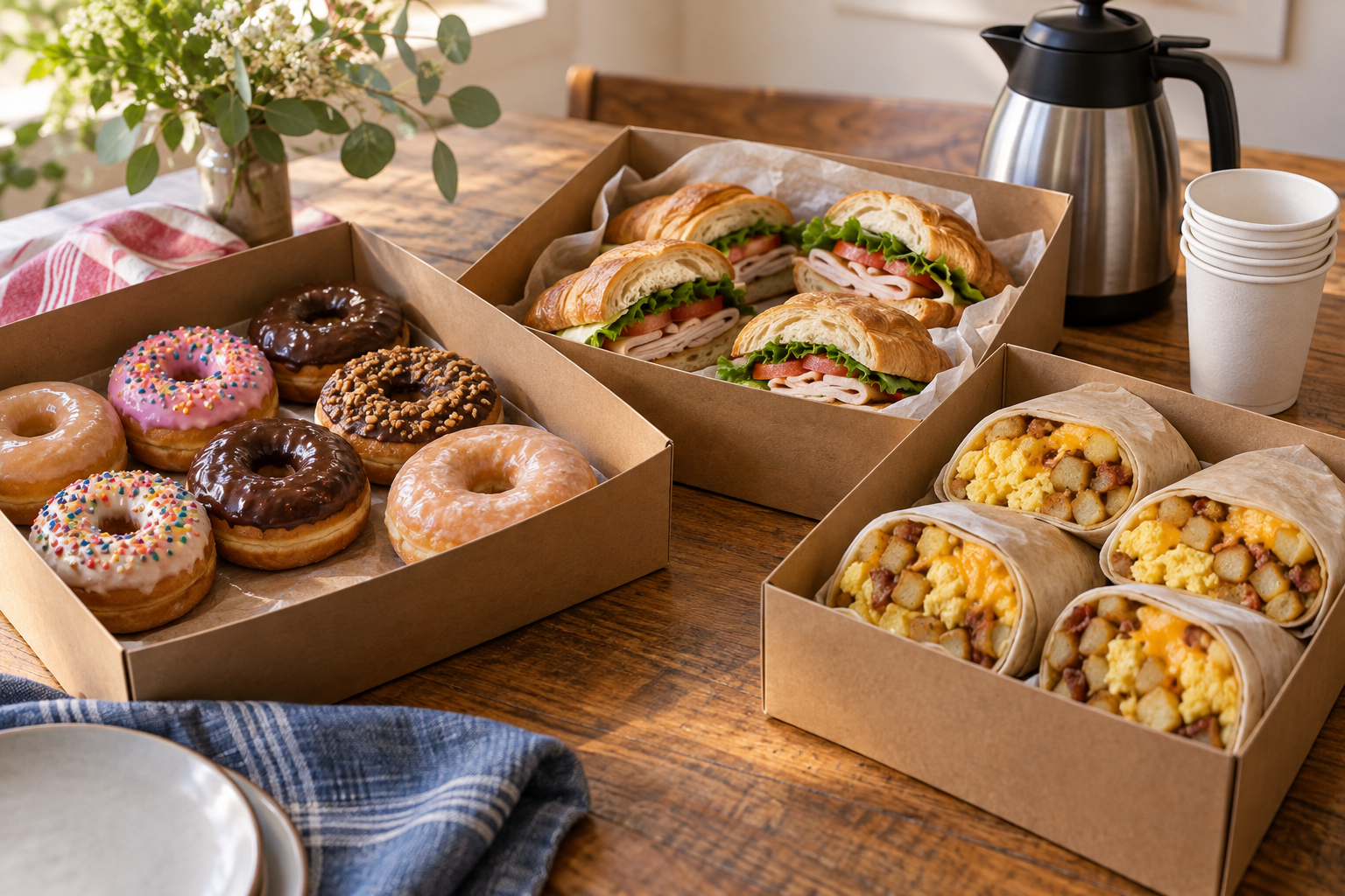 Group food spread with doughnuts, croissant sandwiches, breakfast burritos and coffee cups.